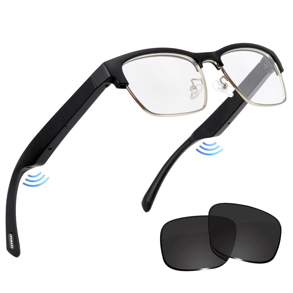 Smart Glasses Bluetooth Sunglasses for Men Women- Blue Light Filter & UV Protection Sunglasses Lenses with Bluetooth Speakers Touch&Voice control Open Ear Music & HD Calling (Black Silver)
