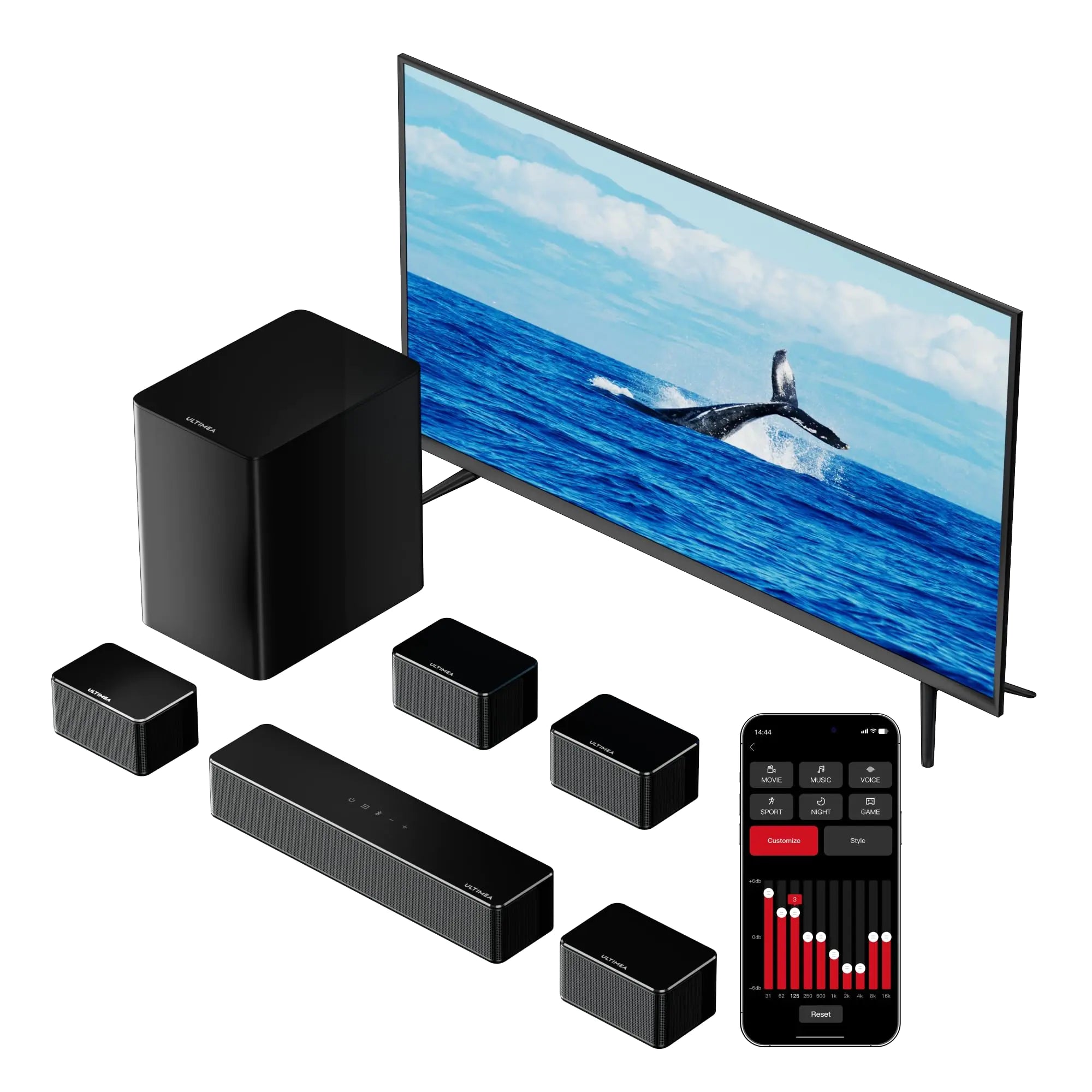 ULTIMEA 7.1 Sound Bars for TV Virtual Surround Sound System 410W Peak Power App Control Smart TV Soundbar with Wireless Subwoofer 4 Wired Surround Speakers Home Theater Sound System 2024