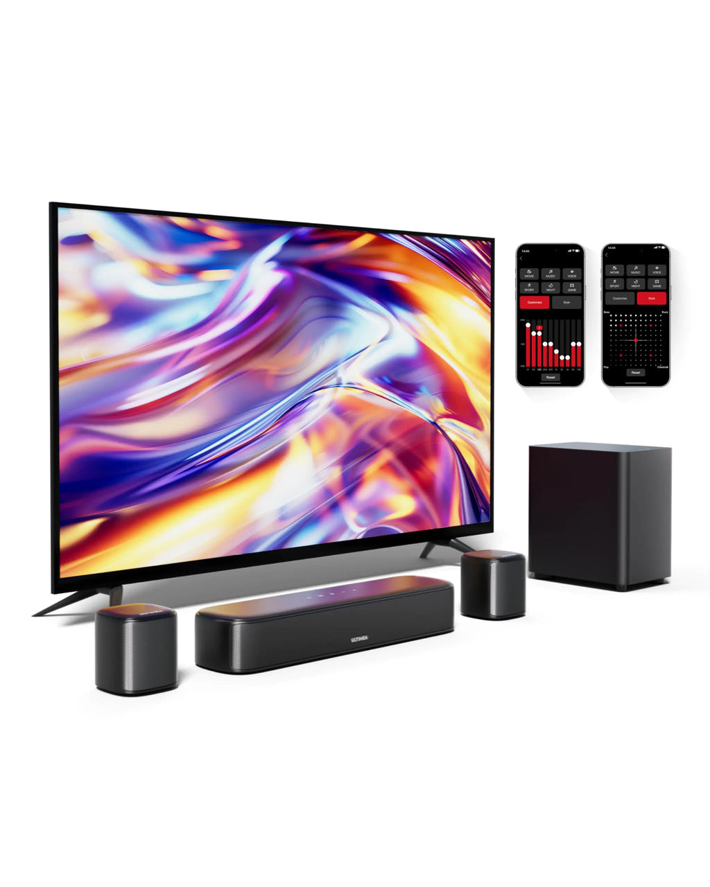 ULTIMEA 5.1 Sound Bar with Virtual Surround Sound System for TV Sound Bar for Smart TV with 2 Surround Speakers for Home Theater App Control Wired Subwoofer Peak Power 250W Opt/AUX/BT Aura A30